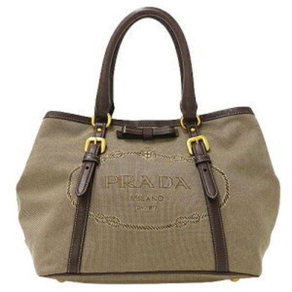 Prada handbag brown beige jacquard tote nylon bag - Picture 1 of 9